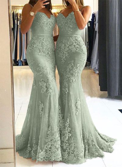 Trumpet/Mermaid Sweetheart Sleeveless Floor-Length Tulle Prom Dress With Appliques Lace