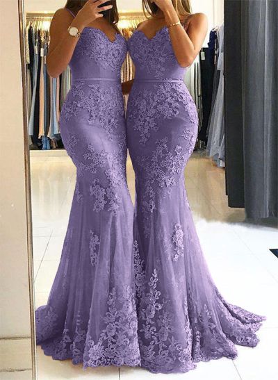 Trumpet/Mermaid Sweetheart Sleeveless Floor-Length Tulle Prom Dress With Appliques Lace