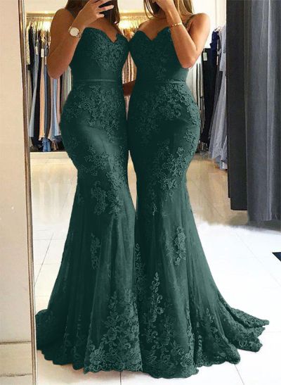 Trumpet/Mermaid Sweetheart Sleeveless Tulle Prom Dress With Appliques Lace