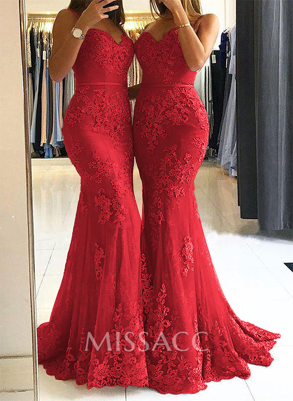 Trumpet/Mermaid Sweetheart Sleeveless Tulle Prom Dress With Appliques Lace