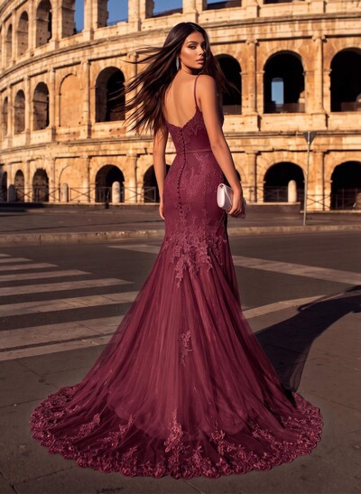 Trumpet/Mermaid Sweetheart Sleeveless Tulle Prom Dress With Appliques Lace