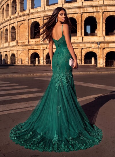 Trumpet/Mermaid Sweetheart Sleeveless Tulle Prom Dress With Appliques Lace