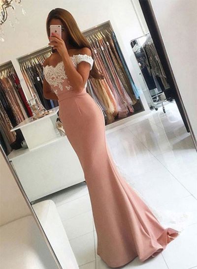 Trumpet/Mermaid V-Neck Sweep Train Elastic Satin Prom Dresses With Appliques Lace