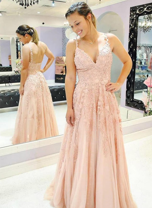 A-line/Princess V-Neck Sleeveless Long/Floor-Length Tulle Prom Dress With Lace