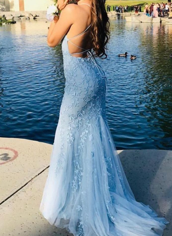 Sheath/Column Square Neckline Sleeveless Court Train Lace Prom Dress With Appliques Lace