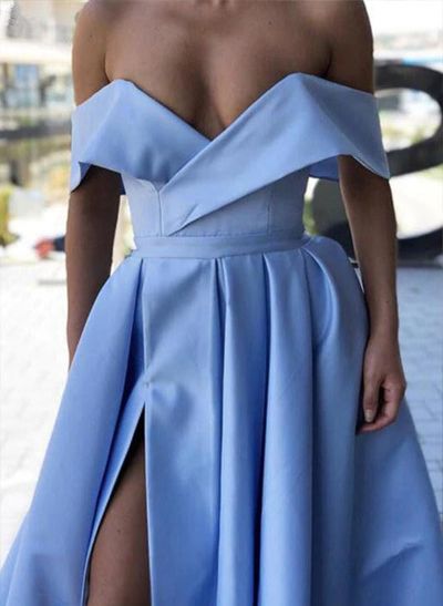 A-line Off-the-Shoulder Cap Straps Sweep Train Satin Prom Dress With Split Front