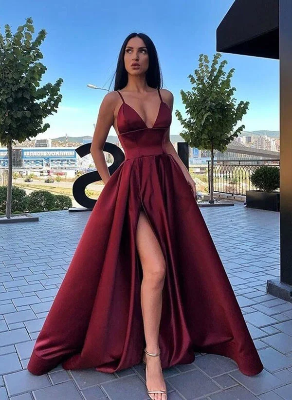 navy blue dress for baby girl Sparkle A-line Deep V-neck Spaghetti Straps Sweep Train Prom Dress with  Pockets,MP561 main image 0