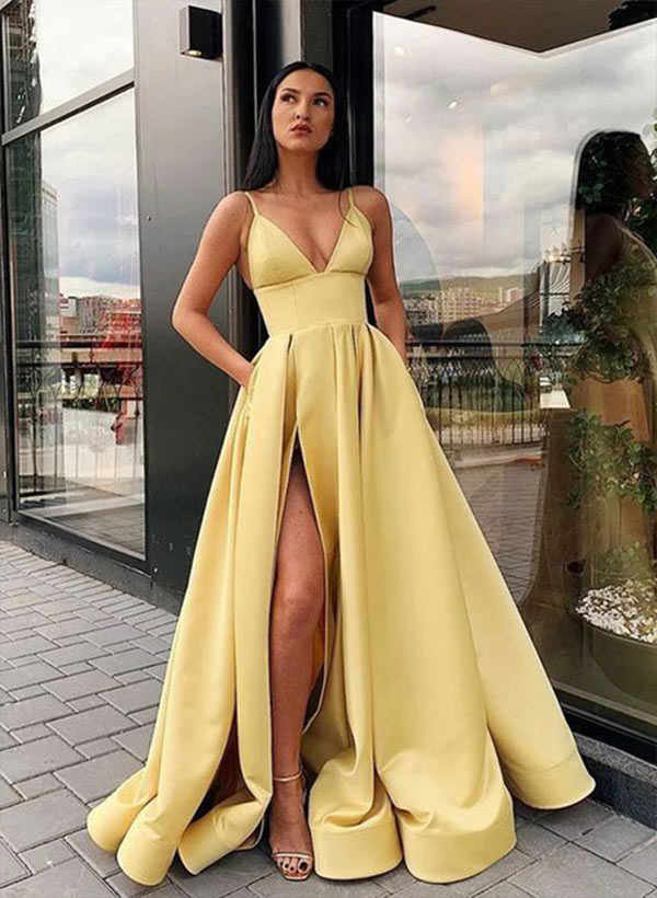 A-line V Neck Satin Sleeveless Sweep Train Prom Dress With Split Front