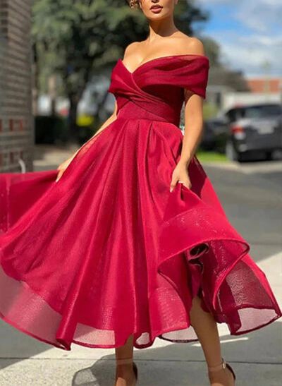 A-Line Strapless Short Sleeves Tea-Length Organza Prom Dresses