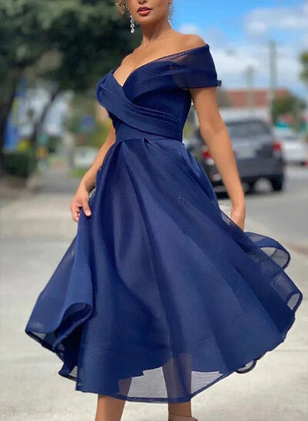 A-Line Strapless Short Sleeves Tea-Length Organza Prom Dresses