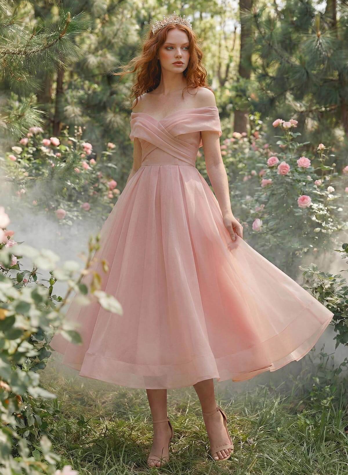 A-Line Strapless Short Sleeves Tea-Length Organza Prom Dresses