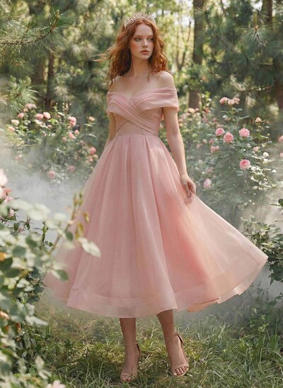 A-Line Strapless Short Sleeves Tea-Length Organza Prom Dresses