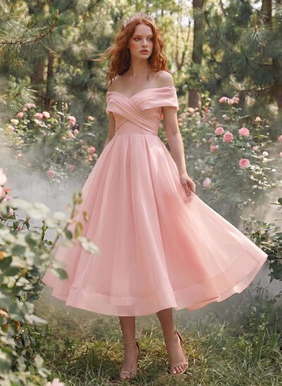 A-Line Strapless Short Sleeves Tea-Length Organza Prom Dresses