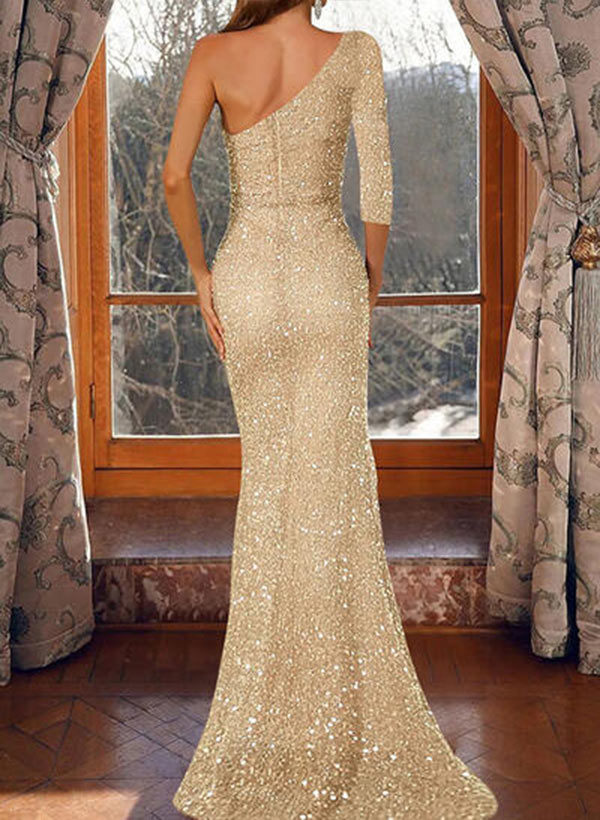 A-line One-Shoulder Sequined Long Sleeves Prom Dresses with Split Front