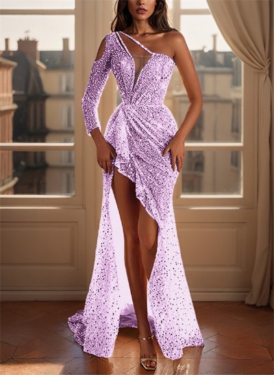 A-Line One-Shoulder Long Sleeves Sweep Train Sequined Prom Dresses With High Split