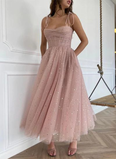 A-line Square Neck Tulle Ankle-Length Sleeveless Prom Dresses with Ruffles