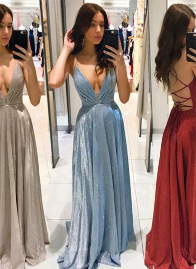 A-line V Neck Satin Sleeveless Floor-Length Prom Dresses