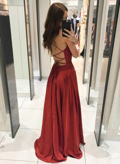 A-line V Neck Satin Sleeveless Floor-Length Prom Dresses