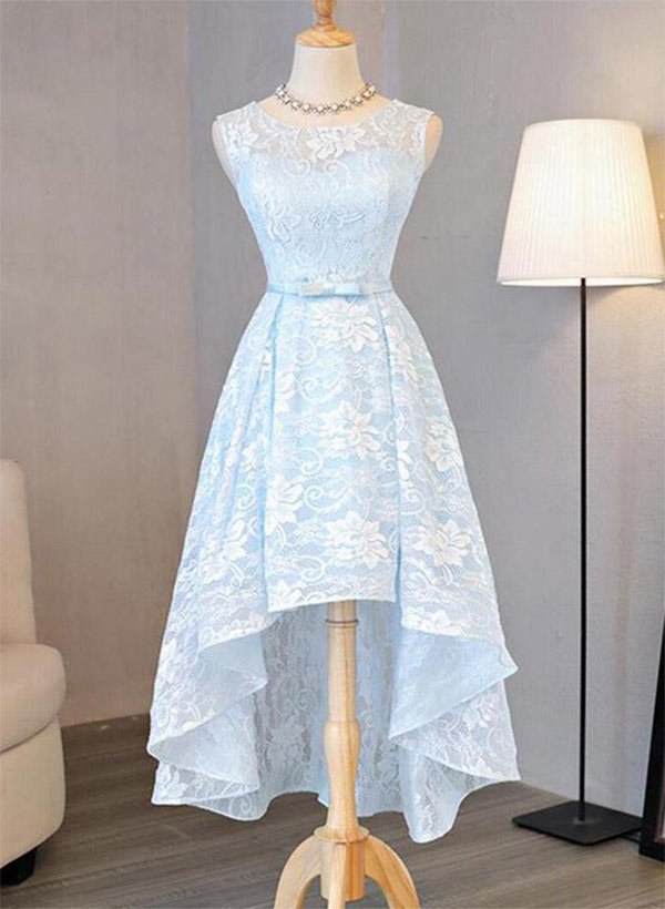 A-Line Scoop Neck Sleeveless Lace Asymmetrical Prom Dress With Lace