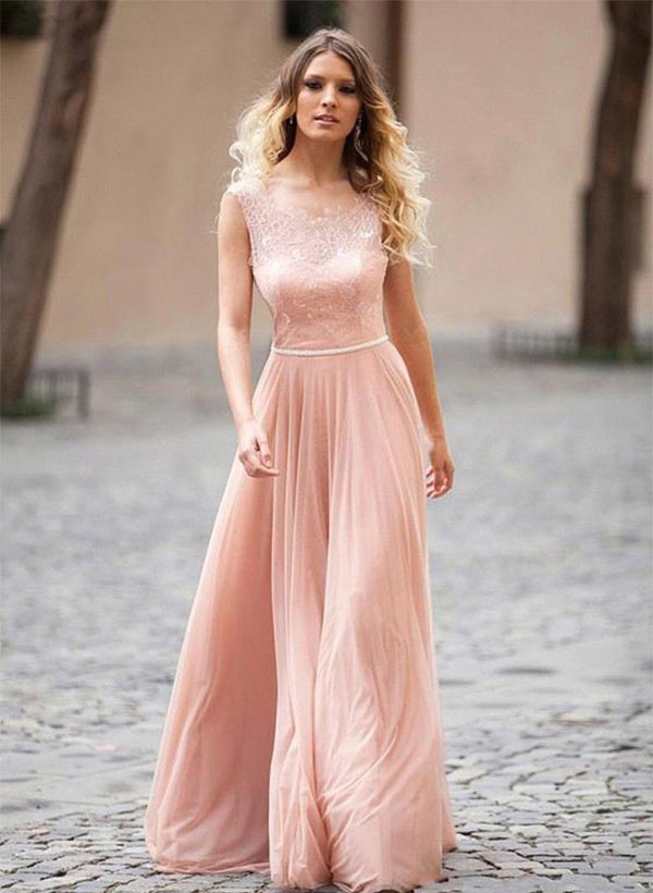 A-Line Scoop Neck Chiffon Sleeveless Lace Up Floor-Length Prom Dress