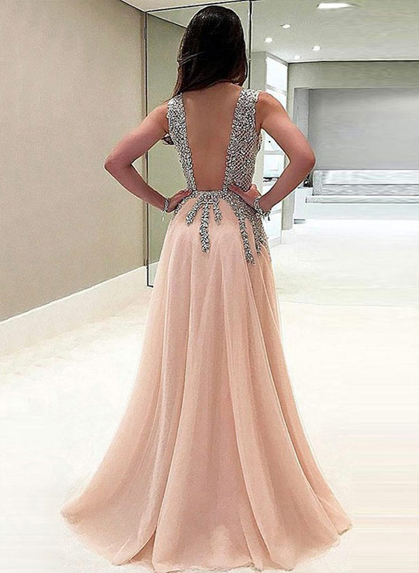 A-line V Neck Sleeveless Chiffon Floor-Length Prom Dresses With Split Front Beading