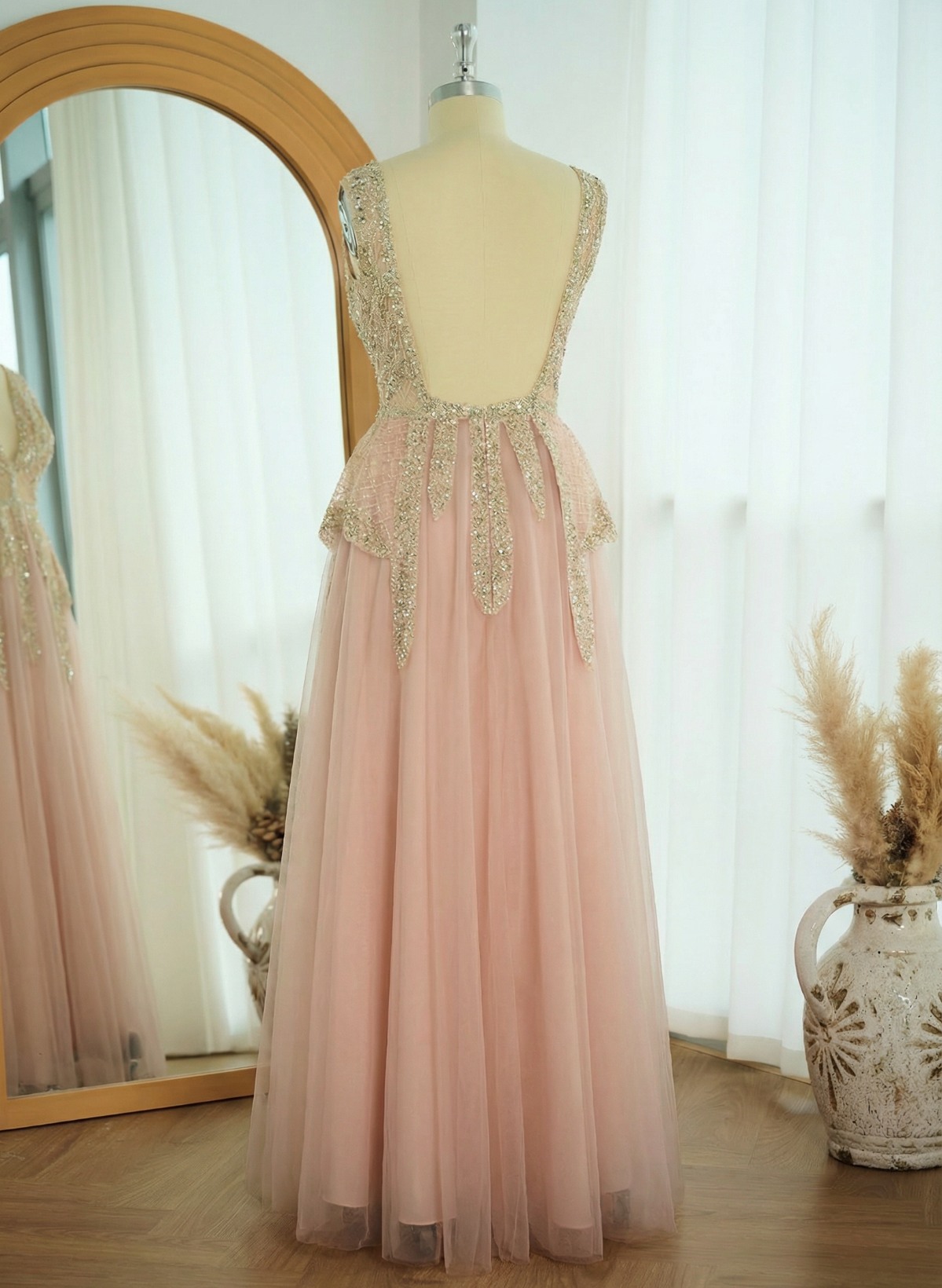 A-Line V Neck Sleeveless Chiffon Floor-Length Prom Dresses With Split Front Beading