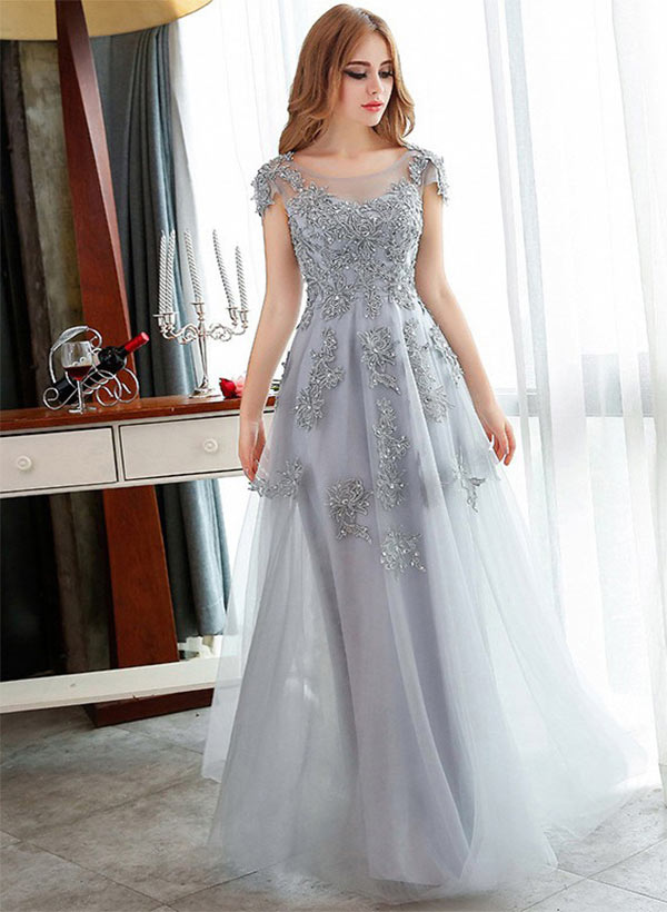 A-Line Scoop Neck Tulle Floor-Length Prom Dress With Appliques Lace