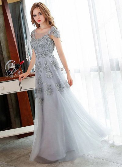 A-Line Scoop Neck Tulle Floor-Length Prom Dress With Appliques Lace