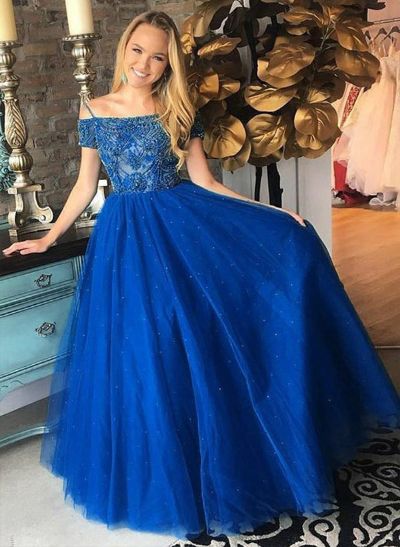 A-line Off-the-Shoulder Tulle Short Sleeve Sweep Train Prom Dress