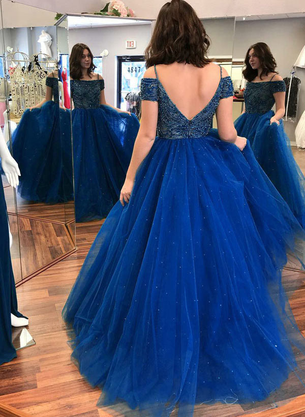 A-line Off-the-Shoulder Tulle Short Sleeve Sweep Train Prom Dress