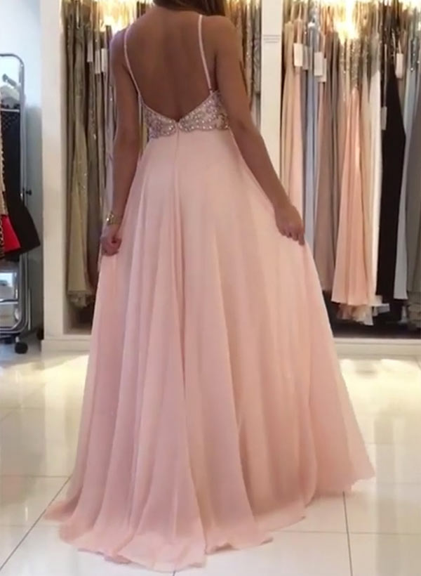 A-line Scoop Neck Chiffon Sleeveless Floor-Length Prom Dress With Beading