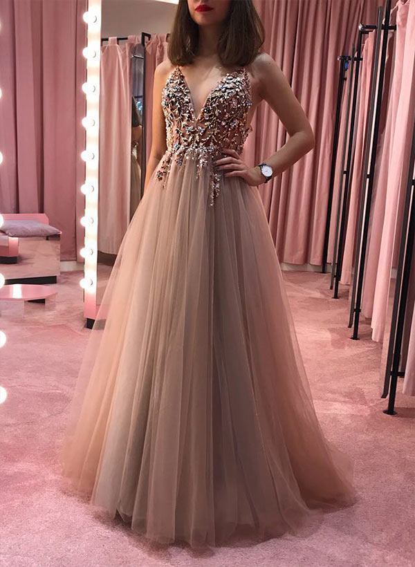 A-Line V Neck Tulle Court Train Prom Dress With Beading