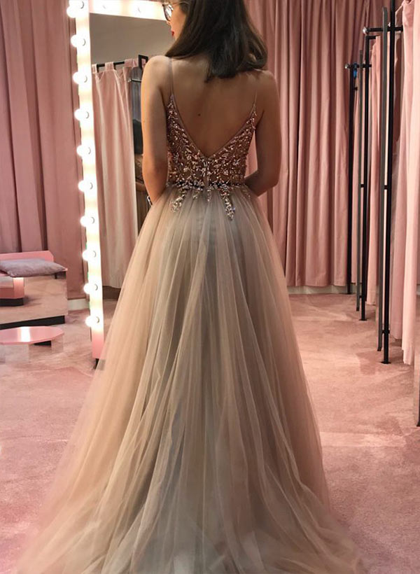 A-Line V Neck Tulle Court Train Prom Dress With Beading