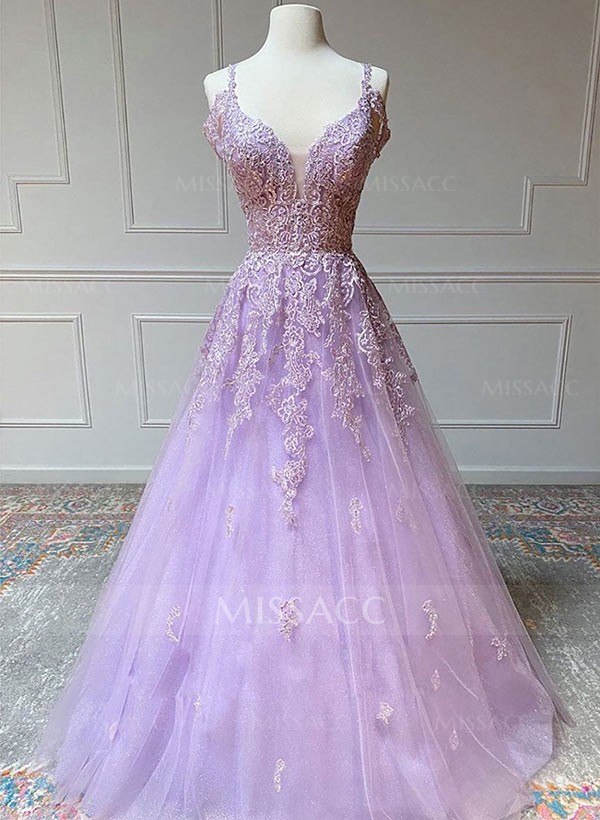 A-Line V-Neck Tulle Spaghetti Straps Floor-Length Prom Dress