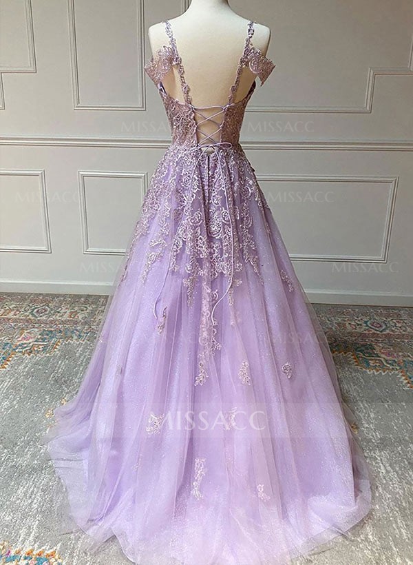 A-Line V-Neck Tulle Spaghetti Straps Floor-Length Prom Dress