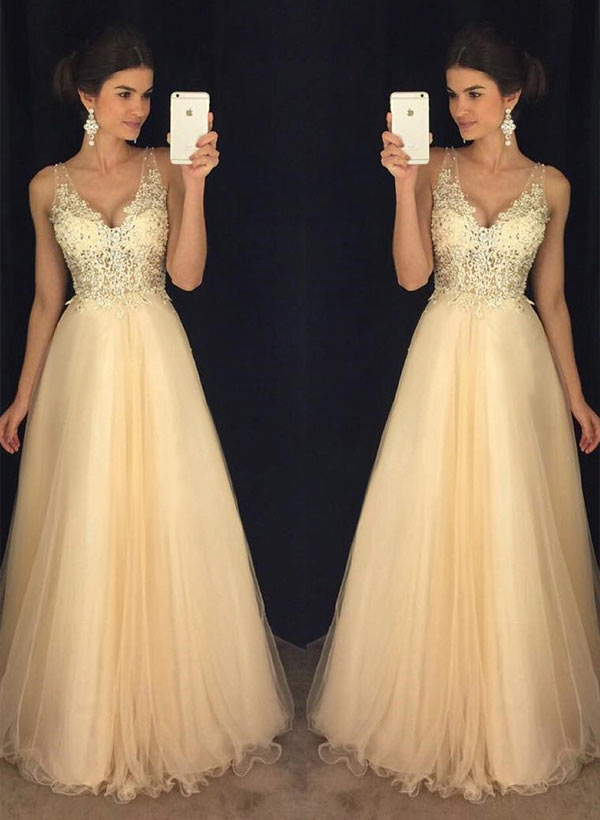 A-Line V-Neck Tulle Tulle Floor-Length Prom Dress With Appliques Lace Beading