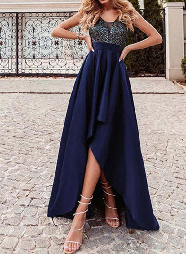 A-line V Neck Satin Sleeveless Asymmetrical Prom Dresses With Sequins