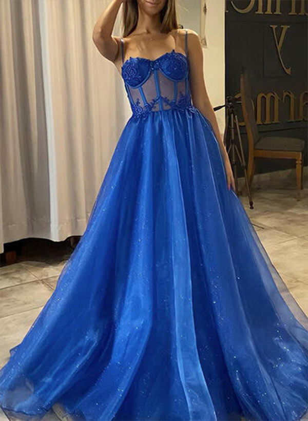 A-line Sweetheart Tulle Sleeveless Sweep Train Prom Dresses