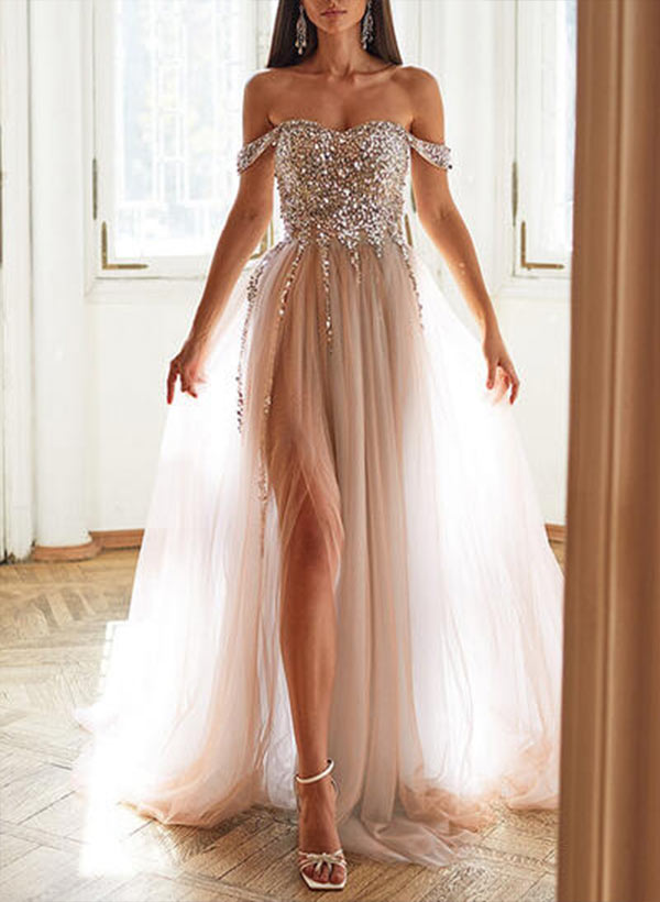 A-line Sweetheart Sequins Sleeveless Sweep Train Prom Dresses With Split Front