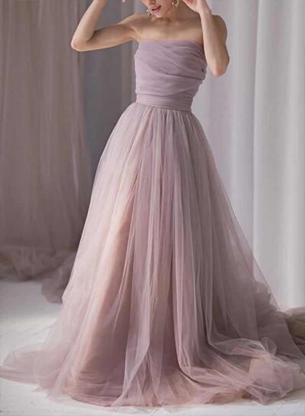 A-line Sleeveless Tulle Off the shoulder Sweep Train Prom Dresses With Pleated