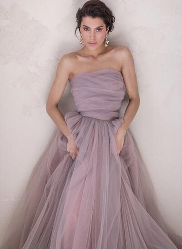 A-line Sleeveless Tulle Off the shoulder Sweep Train Prom Dresses With Pleated