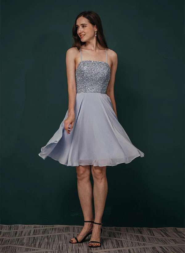 A-Line Square Neckline chiffon Knee-length Prom Dress With Sequins