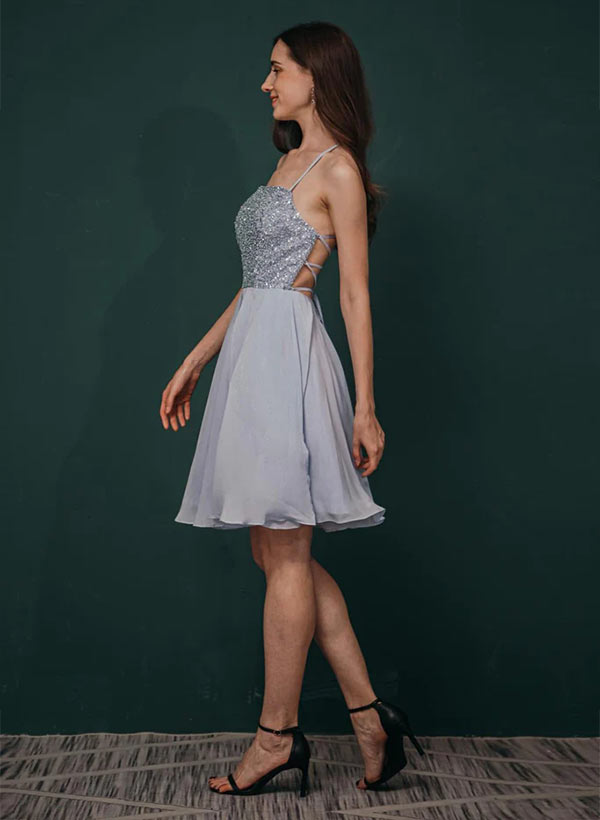 A-Line Square Neckline chiffon Knee-length Prom Dress With Sequins
