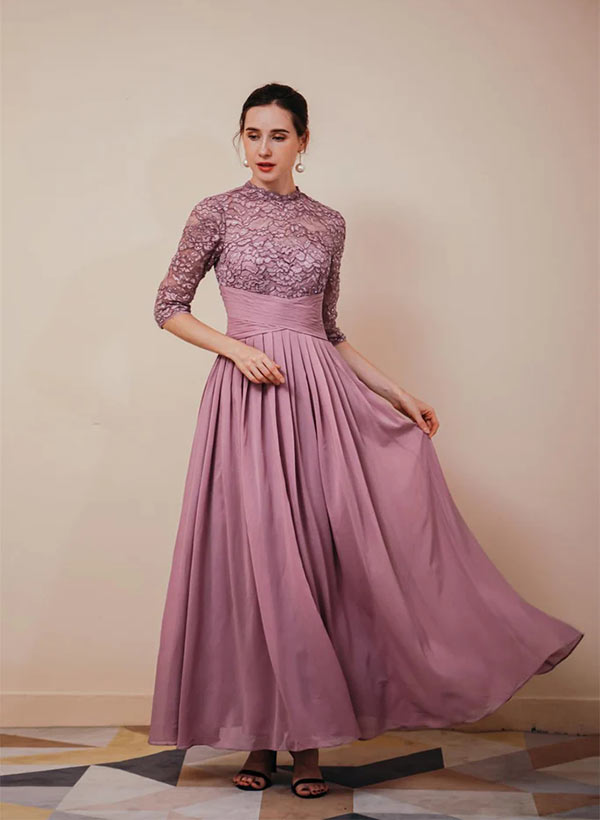 A-Line High Neck Chiffon Floor-Length Prom Dresses With Sleeves