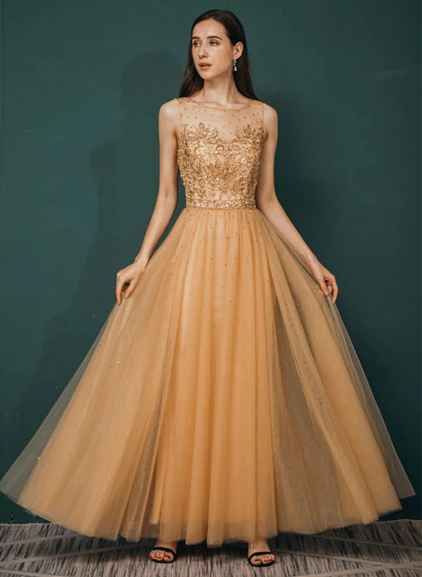 A-Line Tulle Scoop Tulle Neckline Long Prom Dresses With Beading