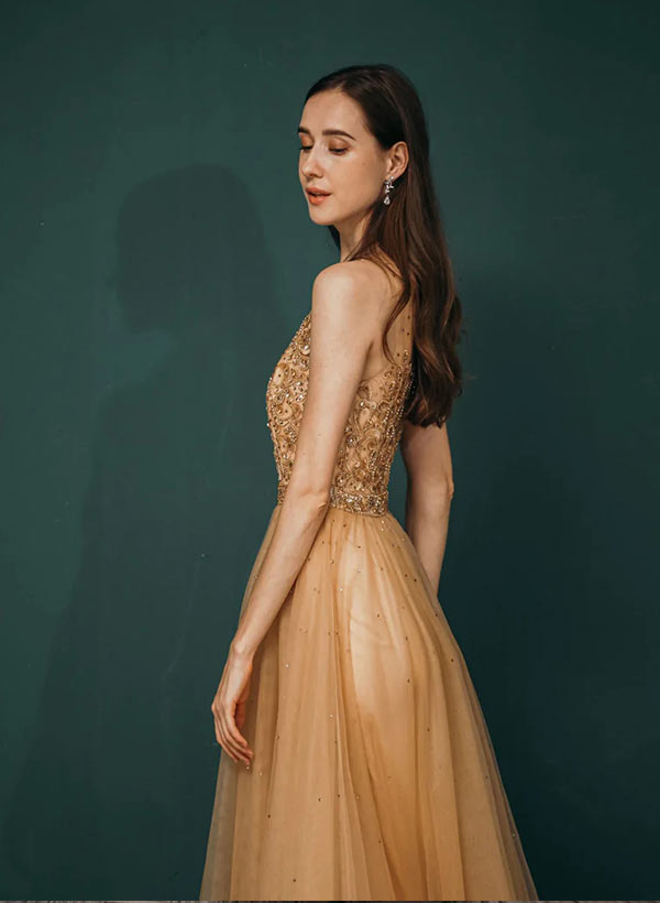 A-Line Tulle Scoop Tulle Neckline Long Prom Dresses With Beading