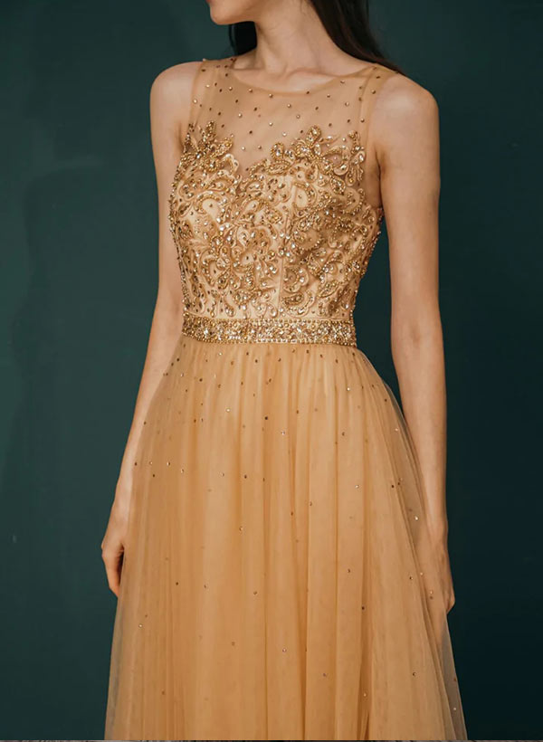 A-Line Tulle Scoop Tulle Neckline Long Prom Dresses With Beading