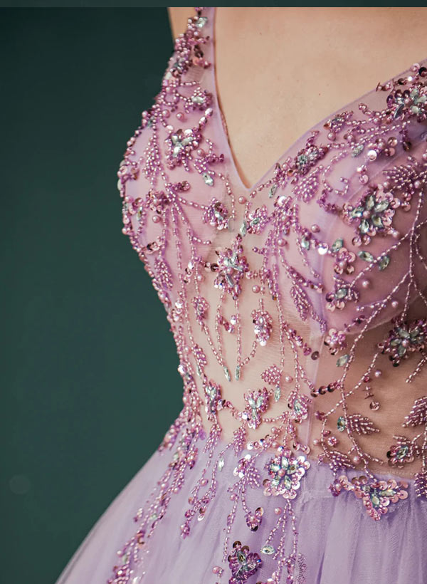 A Line V-Neck Spaghetti Straps Floor-Length Prom Dresses With Beaded