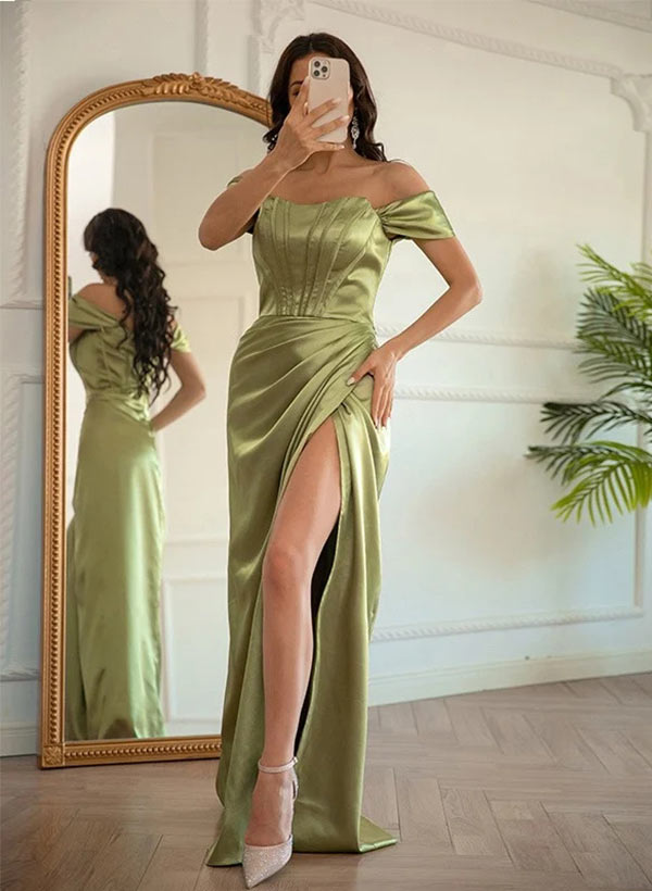 Sheath/Column Off-the-Shoulder Elastic Satin Sleeveless Floor-Length Prom Dresses With Split Front