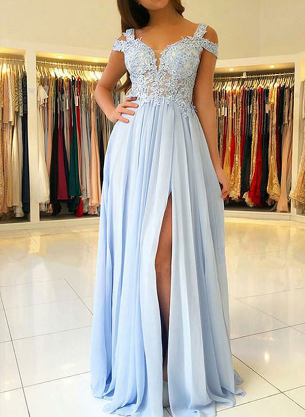 A-line Sweetheart Chiffon Sleeveless Floor-Length Prom Dress With Split Front Lace